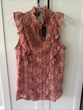 Cable & Gauge Dusty Rose Sleeveless Floral Lace Ruffle Mock Neck Top